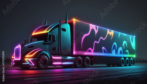 neon truck with Cargo Trailer Drives at Night on the Road. Generative AI digital illustration.