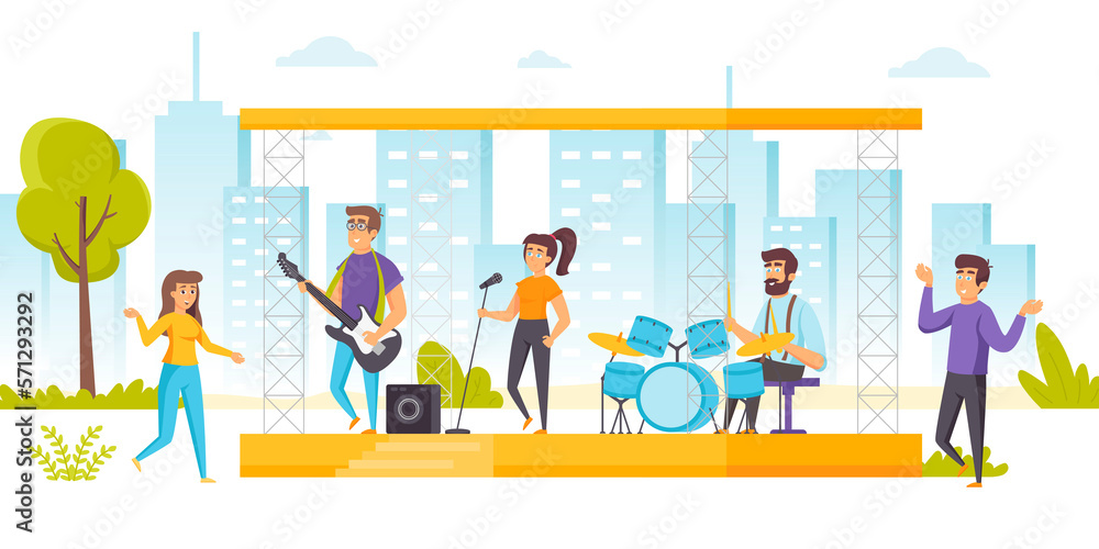 Happy people enjoying music at open air concert, summer musical performance. Musicians and singers performing on outdoor stage and fans or audience dancing around. Flat cartoon illustration. Happy people enjoying music at open air concert, summer musical performance. Musicians and singers performing on outdoor stage and fans or audience dancing around. Flat cartoon illustration.