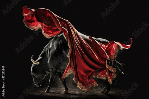 Black powerful bull with red cloth on a black background. The concept of fortitude. Generative AI