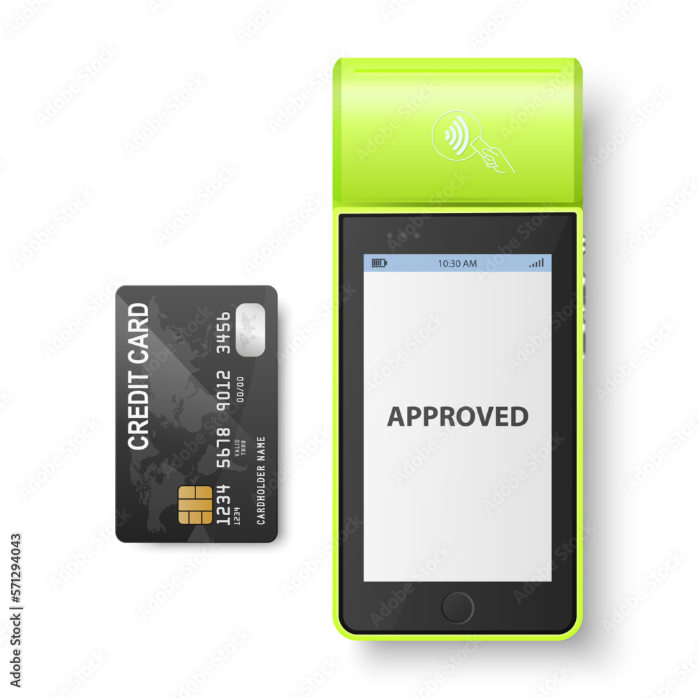 Vector 3d Green NFC Payment Machine with Approved Status and Credit Card Isolated. Wi-fi, Wireless Payment. POS Terminal, Machine Design Template of Bank Payment Contactless Terminal, Mockup. Top VIew Vector 3d Green NFC Payment Machine with Approved Status and Credit Card Isolated. Wi-fi, Wireless Payment. POS Terminal, Machine Design Template of Bank Payment Contactless Terminal, Mockup. Top VIew