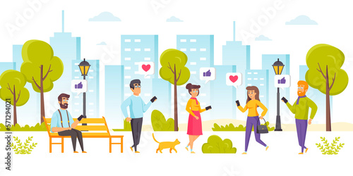 Men and women sending internet messages via cellphones. People sitting on bench or walking in park and using their mobile phones to receive feedback on social media. Flat cartoon illustration.