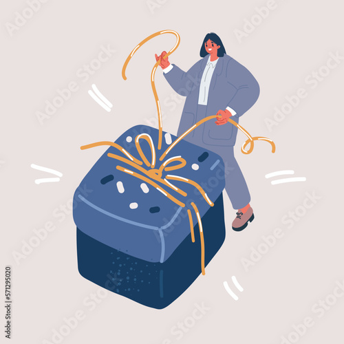 Vector illustration of woman open wrapped big present celebrating birthday box.