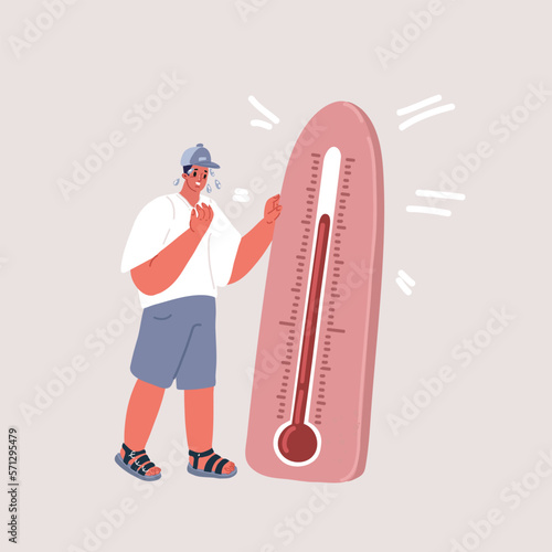 Vector illustration of Man suffering from heat and sweaty holding temperature. Hot summer day.