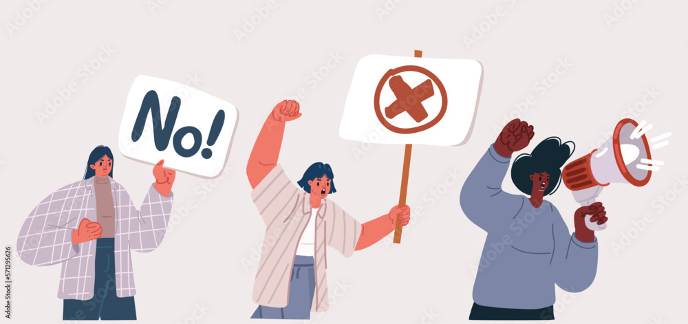 Fototapeta premium Vector illustration of Feminism fists, protest and revolution, feminists fight. Feminism activists equality and riot, black woman rights union, female power and solidarity,