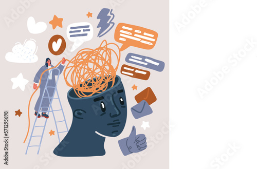 Vector illustration of Help tangled minds. Woman unravel disorder mental threads, treatment anxiety mind obsessive brain psychology counseling