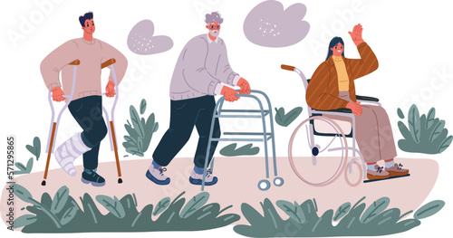 Vector illustration of Disabled people with disability, therapy, reabilitation. Man on crunch, woman in wheelchcair, Oldman elderly man