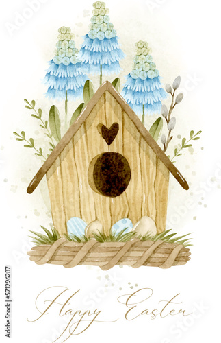 Watercolor birdhouse with Easter eggs, hyacinths and leaves greeting card template
