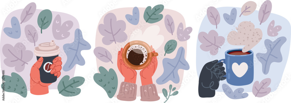 Vector illustration of Hands holding coffee cups. Different coffee cups ...