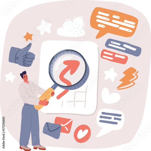 Cartoon vector illustration of man with a magnifying glass. A guy searching and does investigation