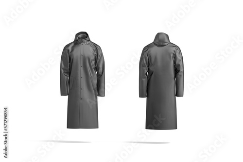Blank black protective raincoat mockup, front and back view photo
