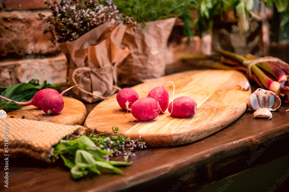 Beautiful, fresh radishes, garlic, celery, rhubarb, thyme, mint, sorrel, dill, oregano on a board. Still life on a table of vegetables, herbs and spices. The vegetable garden 