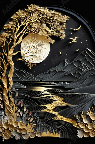Quilling style papercut detailed landscape. Fictional illustration. Created with Generative AI technology.
