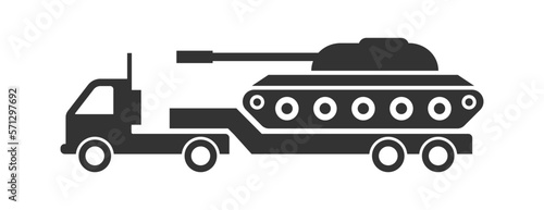 Tank on a truck icon. Military tank transportation icon. Flat vector illustration.