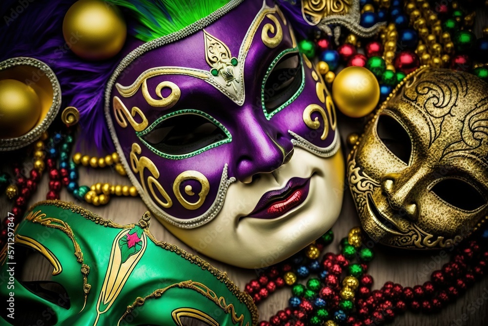 Colorful carnival masks. Mardi Gra. Mix of Brazilian and Venetian styles. AI