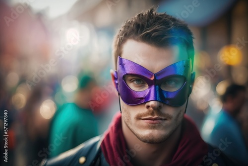 Carnival participant: young man wearing a carnival mask in the street. Masquerade or Mardi Gras participant. AI generated imaginary person.