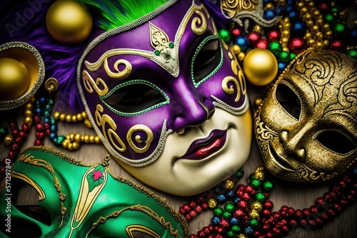 Colorful carnival masks. Mardi Gra. Mix of Brazilian and Venetian styles. AI © oleksandr.info