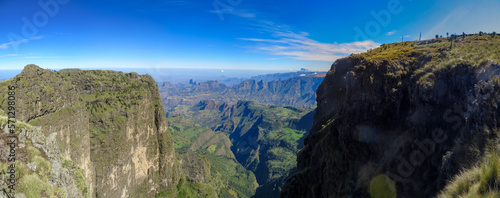 Panoramic view of valley and mountain landscape with clouds in the Simien Mountains Ethiopia, Africa