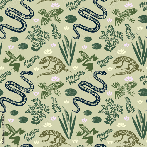 Seamless pattern with snake, lizard and frogs in the swamp
