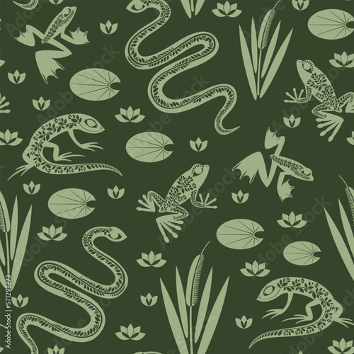 Seamless pattern with snake, lizard and frogs in the swamp