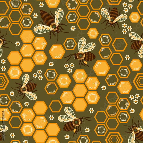 Seamless pattern with cute bees