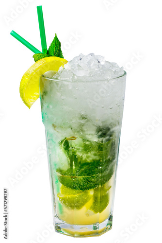 Mojito cocktail with lemon and mint in a tall glass with ice
