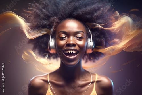 Generative ai young black woman with headphones listening music and singing