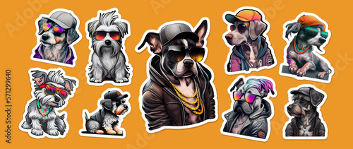 Big bundle of stickers with funny and cute dogs.Vector collection sticker of funny dogs on yellow isolated background. AI. Doodle cartoon style.
