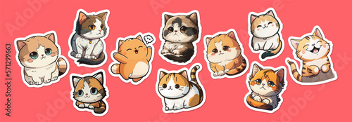 Big bundle of stickers with funny and cute cats.Vector collection sticker of funny cats on pink isolated background. AI. Doodle cartoon style. 