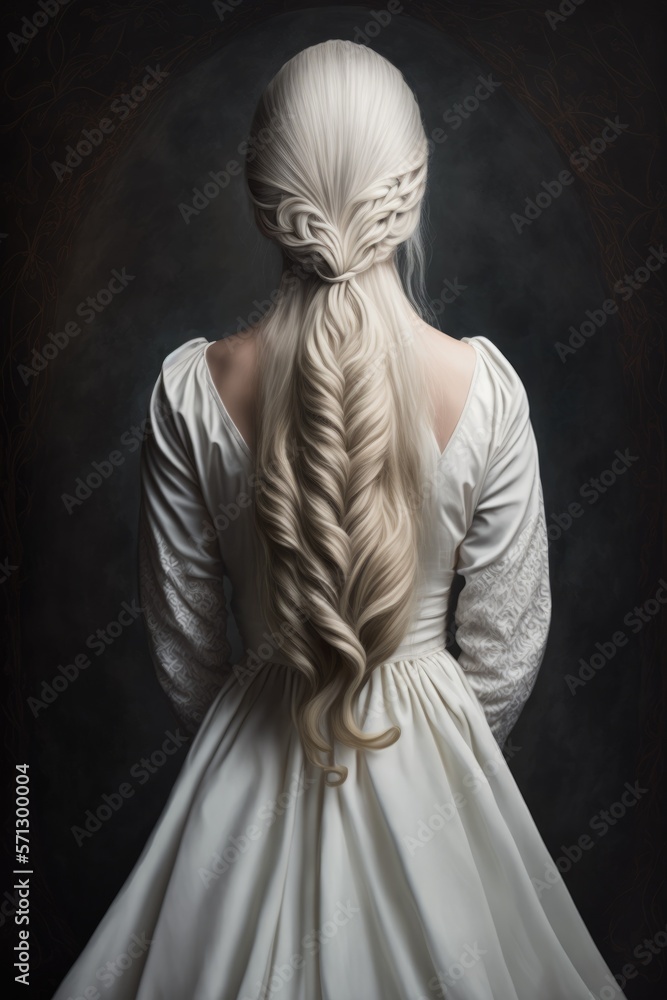 Fantasy style woman in white dress with long platinum blonde hairstyle. AI  generative. Stock Illustration | Adobe Stock