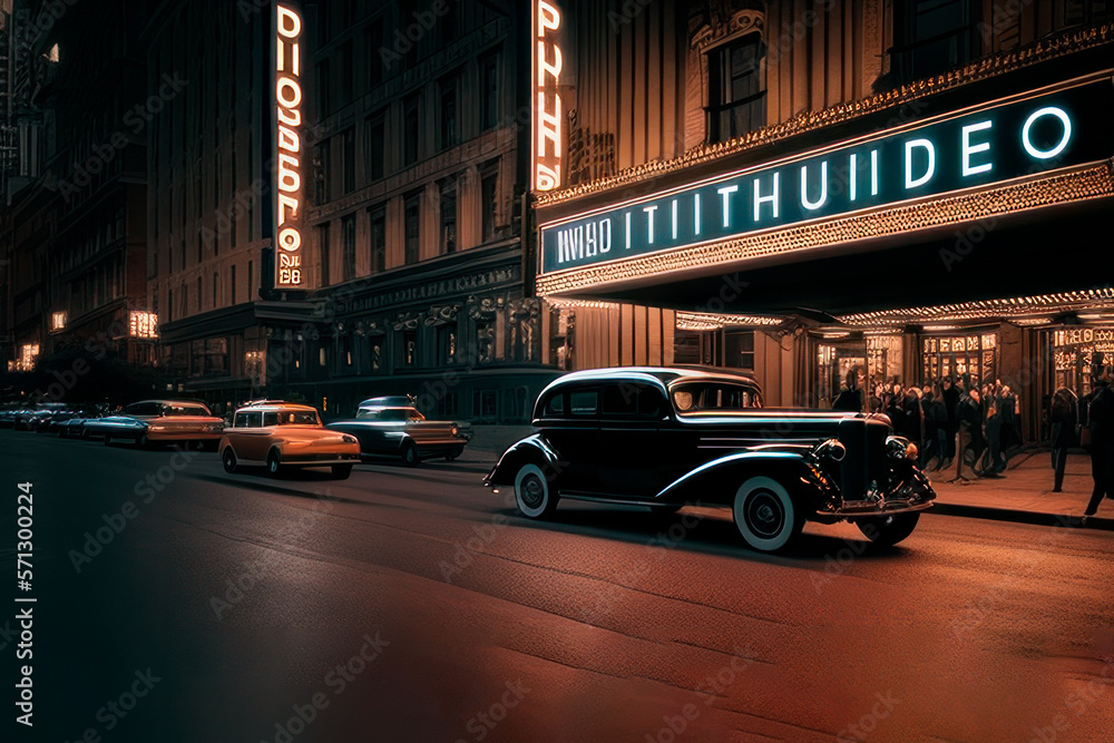 Vintage car in front of cinema created with Generative AI technology