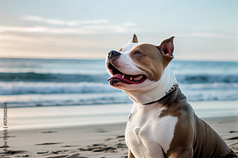 Funny Pitbull smiling happy in the beach 
