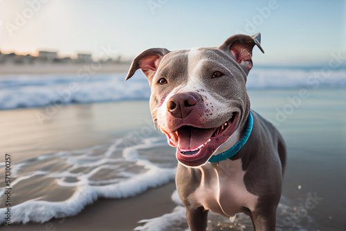 Funny Pitbull smiling happy in the beach  photo