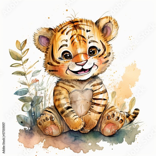 drawing of a sitting tiger cub on a white background watercolor Generative AI