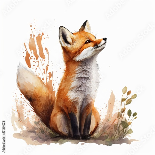 drawing of a sitting fox with flowers
  white background Generative AI
