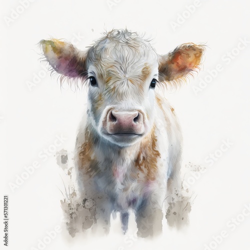 portrait of a calf on a white background watercolor painting Generative AI