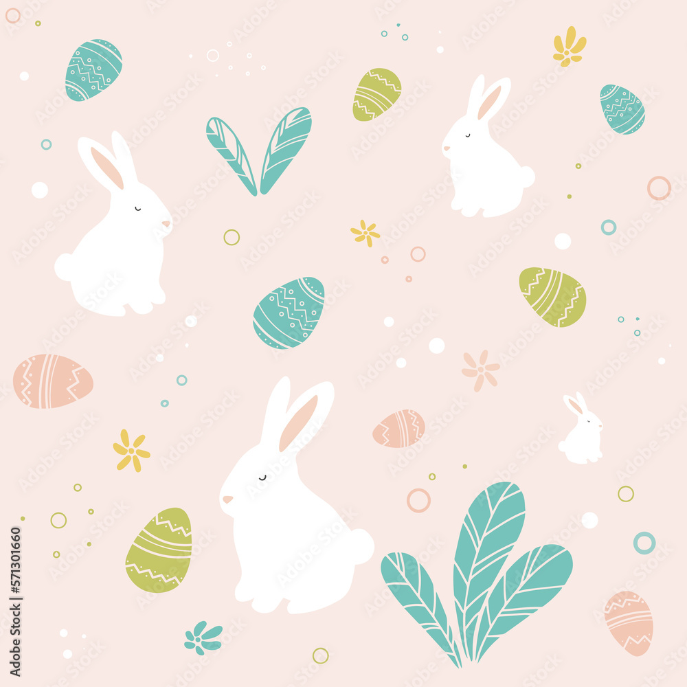 Easter pattern contains hares, eggs, leaves, bushes, decor. The pattern can be used for holiday wrapping paper