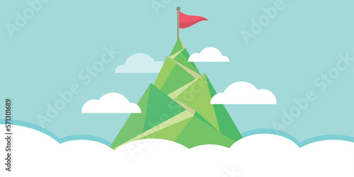Flag on the mountain peak. Way to successful Business. Vector illustration