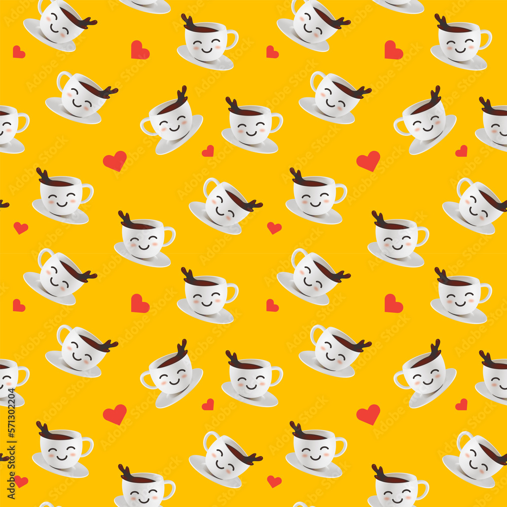 3d seamless pattern with coffee cup and heart on yellow color background. 3d design of coffee illustration for banner