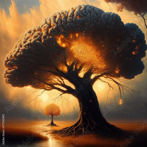 abstract oil painting of tree shaped like brain with a intense sunset background, generative art