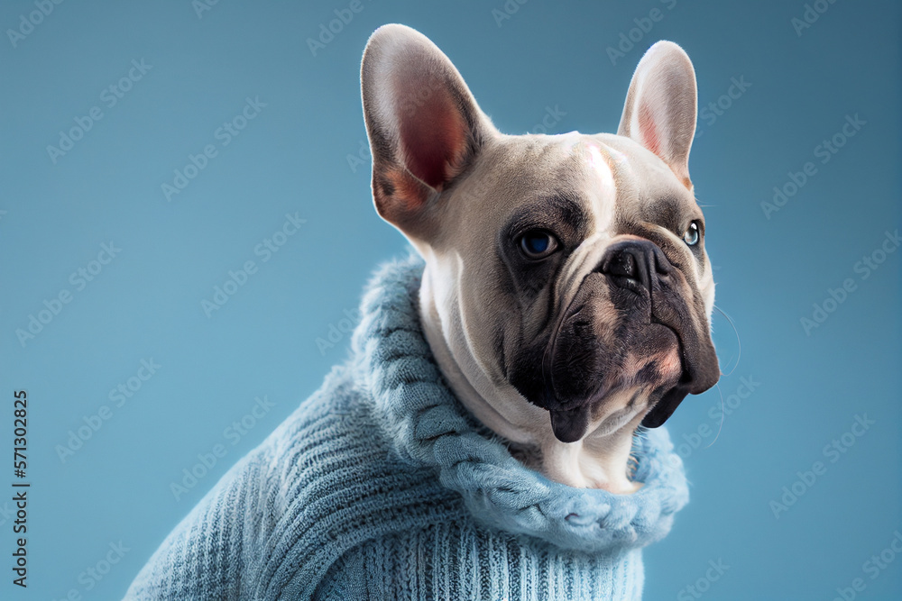 Funny french bulldog in front of blue background, generative AI
