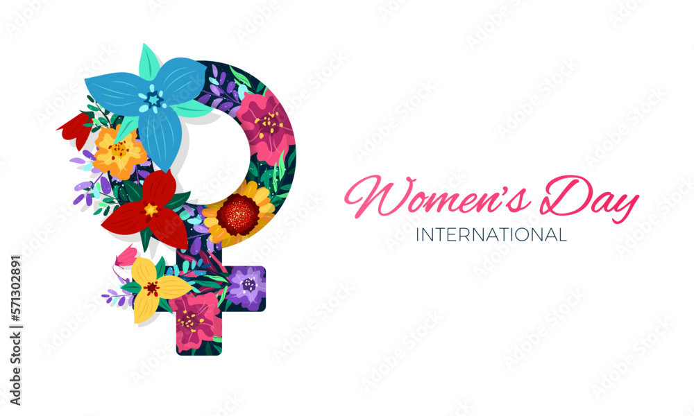 International women's day banner with woman sign and spring flowers.  - obrazy, fototapety, plakaty 