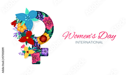 International women's day banner with woman sign and spring flowers. 
