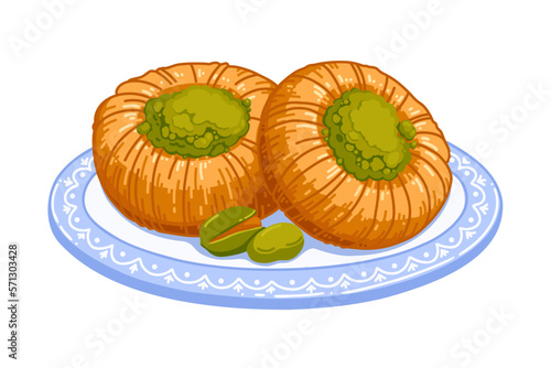 Sweet Turkish dessert pistachio baklava on plate. Vector food illustration on white background. photo