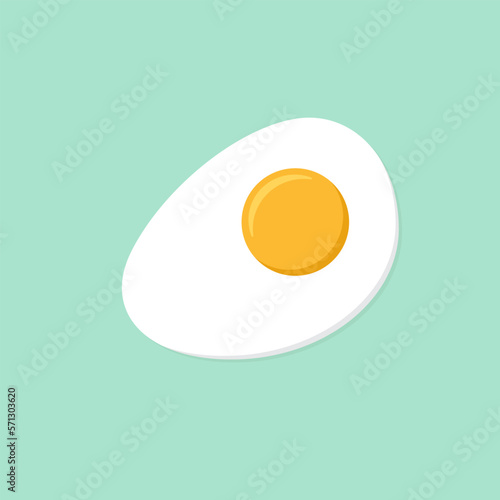 Simple Flat vector illustration of sunny side up fried egg with bright yellow yoke on turquoise background. Food concept art. Culinary graphic. Diner or cafe poster.