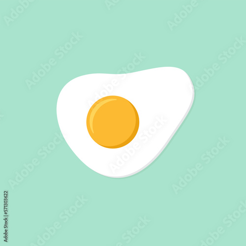 Simple Flat vector illustration of sunny side up fried egg with bright yellow yoke on turquoise background. Food concept art. Culinary graphic. Diner or cafe poster.