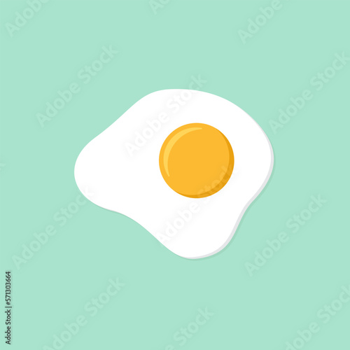 Simple Flat vector illustration of sunny side up fried egg with bright yellow yoke on turquoise background. Food concept art. Culinary graphic. Diner or cafe poster.