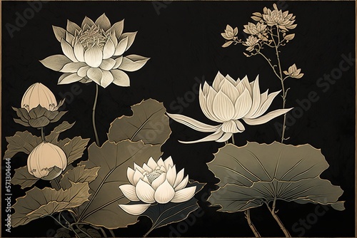 Lotus painting with muted color in asian japan style photo