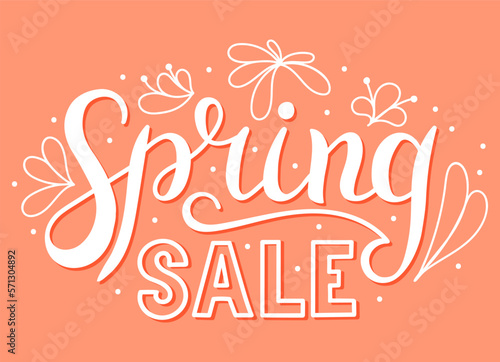 Spring sale - design hand lettering. Inscription on pink background. Gift card.