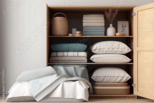 neatly folded bed linen in the closet. © Tatsiana
