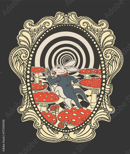 white rabbit from alice in wonderland runs among the mushrooms